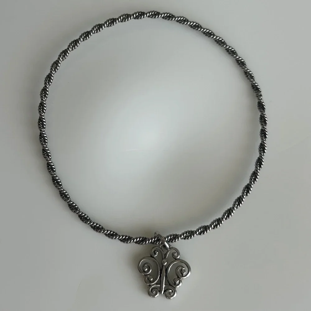 3pc Silver Tone Bangle Bracelet Set Butterfly Cross Flower Charms Textured